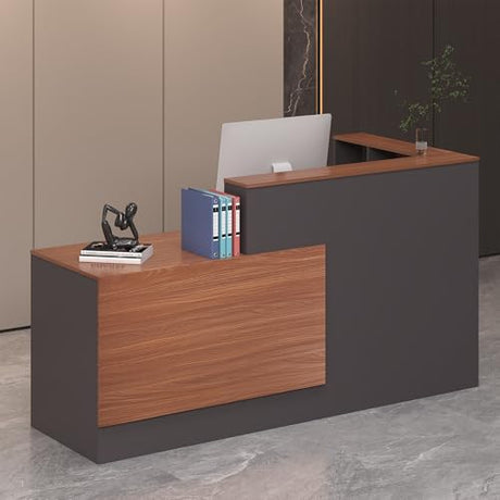 Zethvax L-Shaped Reception Desk,Large Front Desk with Keyboard Tray, Lockable Drawers & File Cabinet, Receptionist Desk for Checkout,Lobby (Right L-Walnut/Slate Gray, 71''L x 23.6''W x 41.3''H) Zethvax