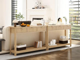 RUSTOWN Fluted Wood Console Table with 3 Drawers, Boho Narrow Behind Couch Entryway Table with Open Storage Shelf, Modern Sofa Table for Living Room, Foyer and Hallway (Natural Wood) RUSTOWN