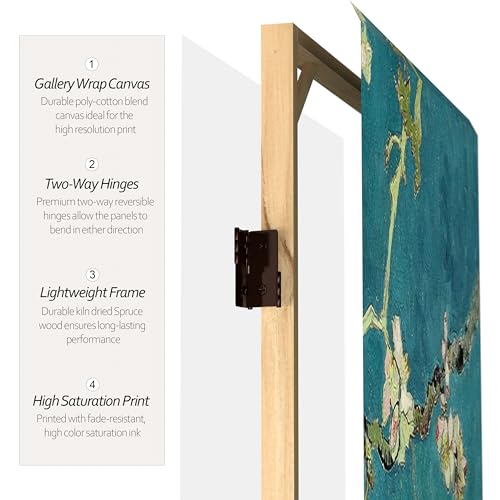 Red Lantern Double Sided Works of Van Gogh Canvas Folding Screen - Almond Blossoms/Wheat Field, 3 ft Short - 3 Panel Red Lantern