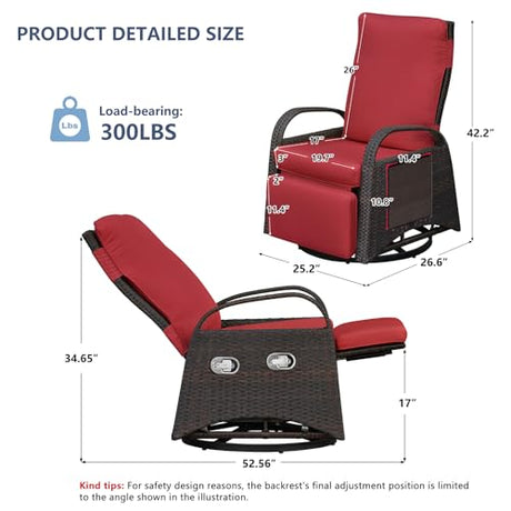Skypatio Outdoor Patio Swivel Recliner Chair, Independently Adjustable Backrest and Footrest Patio Wicker Reclining Lounge Chair with Flip Side Table for Indoor, Balcony, Porch(Red) Skypatio