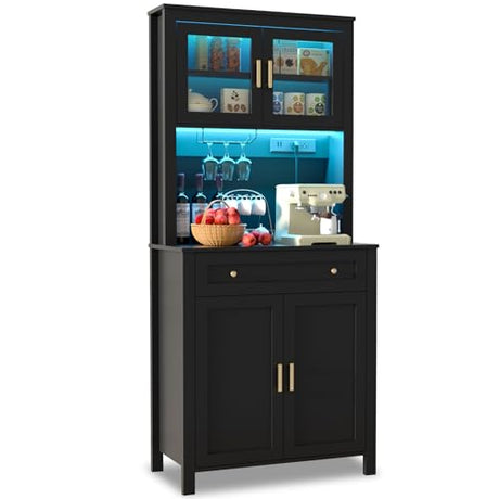 Yeyawomy 72" Tall Kitchen Pantry Cabinet with LED Light & Power Outlets, Farmhouse Large Storage Cabinet, Microwave Stand with Storage, Adjustable Cabinet Shelf, Black Kitchen Pantry (Black) Yeyawomy