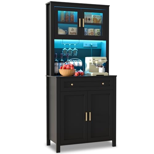 Yeyawomy 72" Tall Kitchen Pantry Cabinet with LED Light & Power Outlets, Farmhouse Large Storage Cabinet, Microwave Stand with Storage, Adjustable Cabinet Shelf, Black Kitchen Pantry (Black)