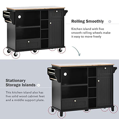 WOODRK Kitchen Island Cart with Storage Cabinet and 2 Locking Wheels, Solid Wood Desktop Microwave Cabinet, Floor Standing Buffet Server Sideboard, for Kitchen Room, Dining Room, Bathroom, Bl - WoodArtSupply