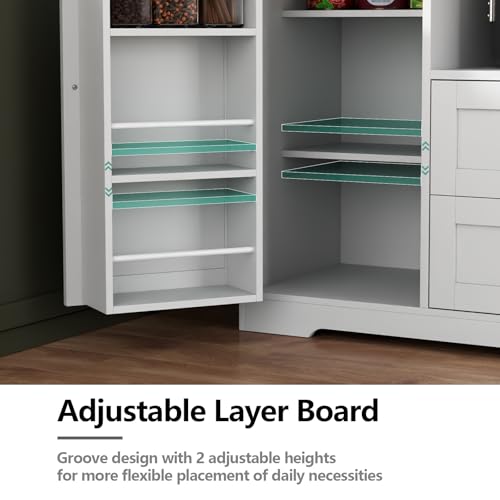 68"Tall Kitchen Pantry Storage Cabinet with Charging Station,Upgrade Freestanding Food Pantry with Wine Glass Holder ,Drawers and Shelves,Kitchen Hutch with Microwave Stand for Kitchens(White+Black) Gyfimoie