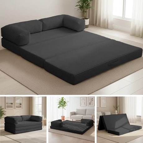 NLDD Convertible Sofa Bed King,5-in-1 Folding Boneless Couch Corduroy Futon Sofa Bed,Tri-Fold Mattress with Removable Armrests & Handle,Sleeper with Pull Out Bed for Small Space Living Room Bedroom NLDD