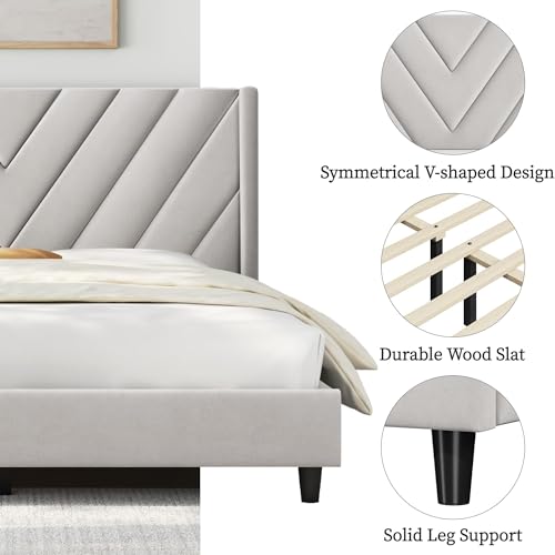 Yaheetech Beige Queen Upholstered Platform Bed with Wing Headboard & Wooden Slat Support Yaheetech