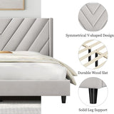 Yaheetech Beige Queen Upholstered Platform Bed with Wing Headboard & Wooden Slat Support Yaheetech