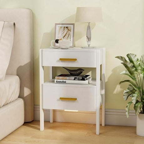 Tltaroni Nightstand with 2 Drawers and Open Shelf Wooden Bedside Table Gold Handles Modern Storage Night Stand Sensor Light for Bedroom, White Tltaroni