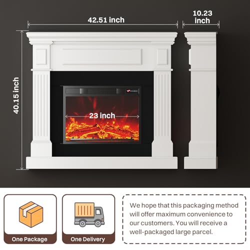 43" Electric Fireplace with Mantel | 1400W Freestanding Electric Fireplaces | Highly Realistic 3D Flame | 50-90℉ AdjustableTemp | Button & Remote Control White Fireplace Mantel | 43" Wx11 Dx40 H FODINGHILL