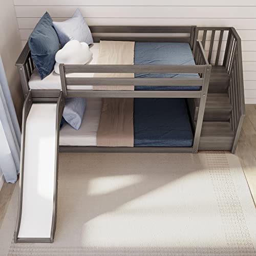Max & Lily Solid Wood Twin over Twin Size Low Bunk Beds for Kids with Slide and Stairs, 400 lbs Weight Capacity, 14" Safety Guardrail, Anti-Slip Steps, Clay Max & Lily