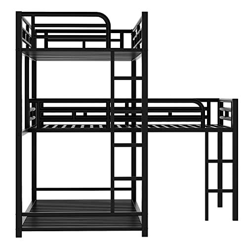 MERITLINE Metal Triple Bunk Bed for Kids, L-Shaped Twin Over Twin & Twin Bunk Bed Frame, 3 in 1 Bed Bunk Beds with Guardrails and Ladders for Teens Adults, Black MERITLINE