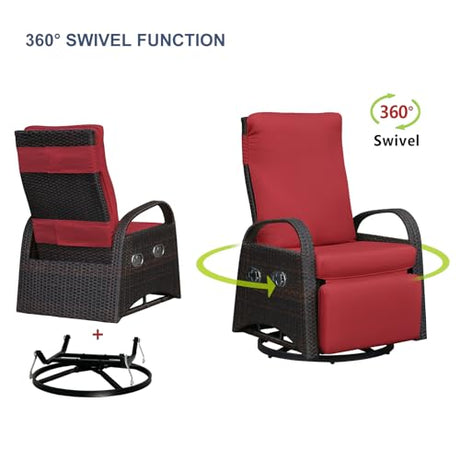 Skypatio Outdoor Patio Swivel Recliner Chair, Independently Adjustable Backrest and Footrest Patio Wicker Reclining Lounge Chair with Flip Side Table for Indoor, Balcony, Porch(Red) Skypatio