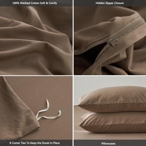 MooMee Full Duvet Cover Set, 100% Washed Cotton Linen Like Twill Thick Sturdy Material Super Soft Breathable Durable Bedding for All Season, 3 Pieces (Bombay Brown, Full 80"x90") MooMee