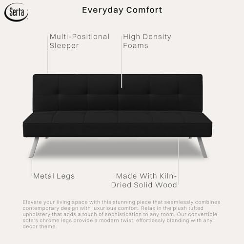Serta® Rane Futon Sofa Bed 66.1", 3-in-1 Convertible Couch Sleeper for Small Spaces, Tufted Back, Twin Size Guest Bed, Black Woven Fabric Serta
