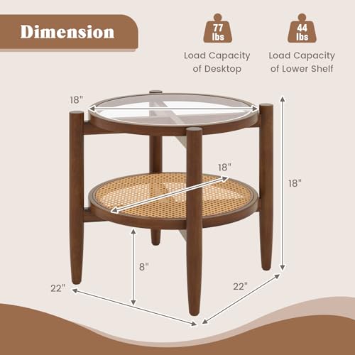 Giantex Rattan Round End Table, Walnut Boho Nightstand with Tempered Glass Top and Acacia Wood Legs, 2-Tier Side Table with Storage, Bedside Tables for Small Spaces Living Room Bedroom Giantex