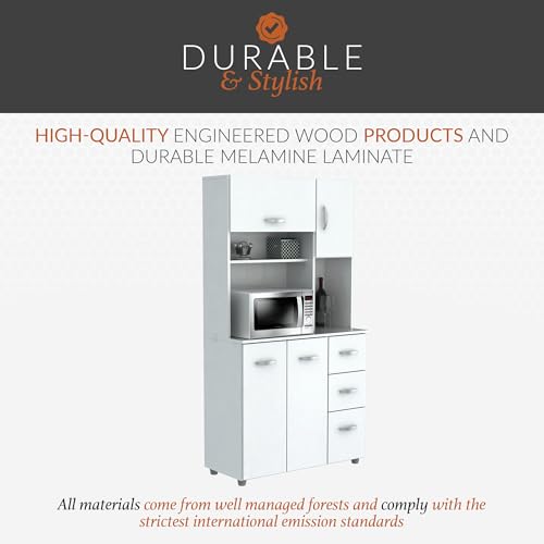 Inval, 71" H x 23.6" W x 17.1" D, White Kitchen Microwave Storage Cabinet with 3 Drawers, Kitchenette Standing Pantry Inval