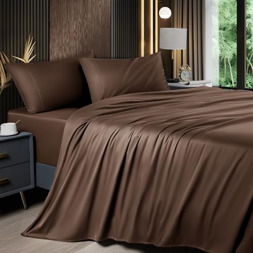 Shilucheng 4 Piece King Sheet Sets, Cooling Sheets, Blend Rayon Derived from Bamboo, Deep Pocket Up to 16", Breathable & Soft Bed Sheets, Hotel Silky Bedding Set, Brown Shilucheng