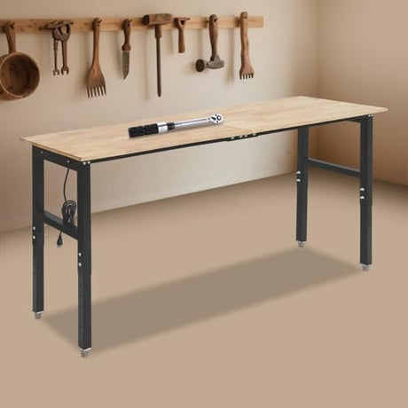 Adjustable Workbench, Heavy Duty Work Bench with Power Outlets and USB Ports, Wood Top Workstation Table, 2000 LBS Load Capacity Work Benches for Garage, Workshop, Office, Home Use (71.65x19.69in) Eapmic