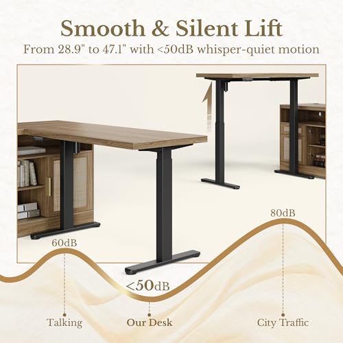 Perledesign Height Adjustable Electric Standing Desk, 48 x 24 Inches Sit Stand up Desk with 2 File Cabinets, AC/USB, 1.18" Desktop, L Shaped Rattan Computer Desk for Home and Office, Natural Oak Perledesign