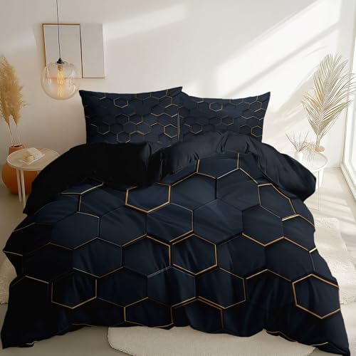 Black 3 Piece Duvet Cover Set, 1 Printed Zipper Closure Duvet Cover with 2 Pillow Shams, Ultra Soft Brushed Microfiber Single with Minimalist Hexagonal Geometric Generic