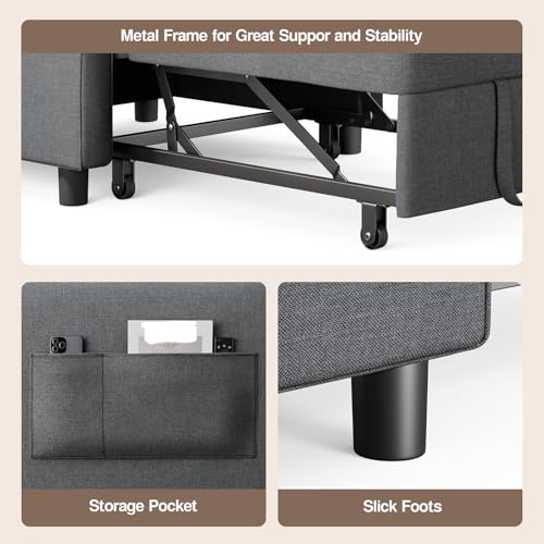 Ahomly Convertible Sofa Chair Bed, 3-in-1 Multi-Functional Sleeper Chair Bed, Adjustable Backrest Recliner with Modern Linen Fabric for Living Room Bedroom Apartment Small Space, Dark Grey