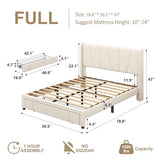 Full Bed Frame with Storage Drawers, Velvet Upholstered Full Size Platform Bed with 47" Tall Headboard and Wingboard, No Box Spring Needed, Noise Free, Easy Assembly, Wooden Support Slats, Beige viplov