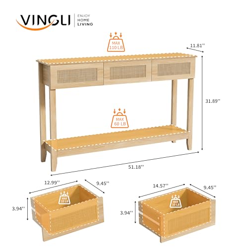 VINGLI 51" Console Table with Drawers, Rattan Entryway Table with Storage Shelf, Narrow Sofa Table, Boho Hallway Table for Living Room, Entrance, Foyer, Behind Couch, Natural Rattan VINGLI