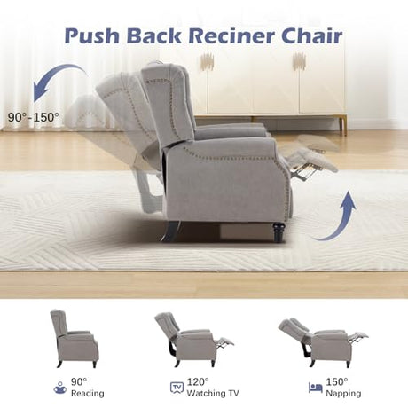 EBELLO Push Back Recliner Chair, Fabric Accent Chair Pushback Recliner with Rivet Decoration, Button-Tufted Back, Mid Century Wingback Armchair for Living Room, Bedroom, Grey EBELLO