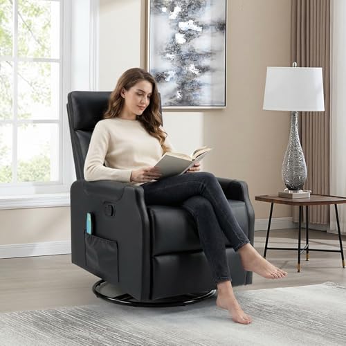 CANMOV Manual Swivel Rocker Recliner Chair, Overstuffed Rocking Chair Glider Recliner for Nursing, Ergonomic Rocker Chair with Vibration Massage & Heat, Reclining Chair for Living Room, (Black)
