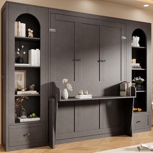 Merax Queen Size Murphy Platform Bed with Shelf, Side Cabinets, Drawers and LED, Gray Merax