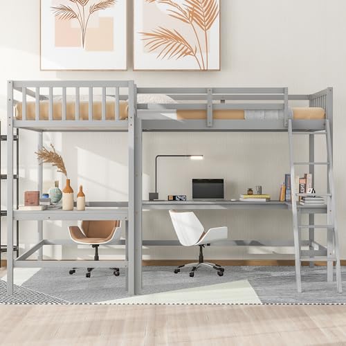 Harper & Bright Designs L-Shaped Loft Bed with Desks, Wood Twin Size Loft Bed with Ladder & 2 L-Shaped Desks, Corner Twin Bed for Kids, Teens, Adults (Gray) Harper & Bright Designs