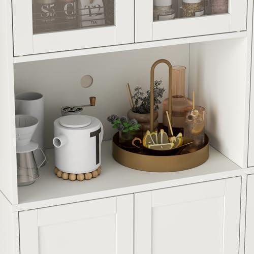 Gyfimoie 68" Tall Kitchen Pantry Cabinet with Side Drawer, Kitchen Pantry Storage Cabinet with Glass Door,Freestanding Food Hutch with Microwave Stand for Dining Room (White) Gyfimoie