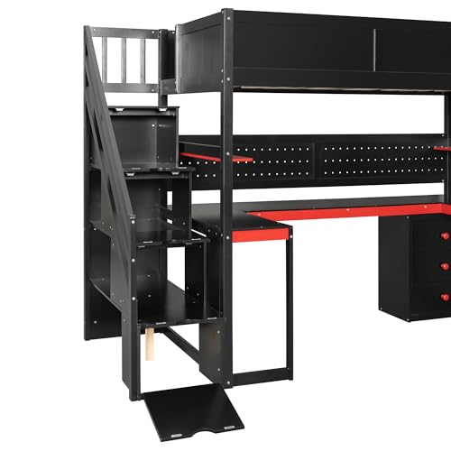 RUNNA Full Size Wooden Gaming Loft Bed with Storage Stairs, Desk, Shelves & Pegboard, Space-Saving Esports Style for Teens & Adults (Black+Red-3) RUNNA
