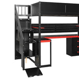 RUNNA Full Size Wooden Gaming Loft Bed with Storage Stairs, Desk, Shelves & Pegboard, Space-Saving Esports Style for Teens & Adults (Black+Red-3) RUNNA
