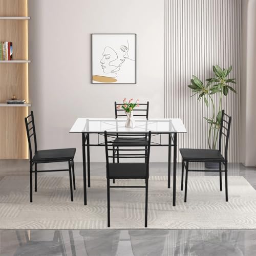 FDW Classic Dining Table Set 5 Piece,Metal Frame Glass Top Table and 4 Rectangular Modern Chairs Set,Suitable Small Space Kitchen Table Set for 4,Black FDW