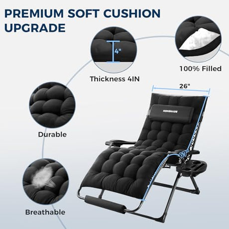 HOMSHADE Oversized Zero Gravity Chair, 33In XXL Outdoor Recliner Chair w/Removable Cushion&Headrest, Reclining Patio Chairs for Indoor, Camping Lounge Chair with Footrest, Support 500LBS, Black HOMSHADE