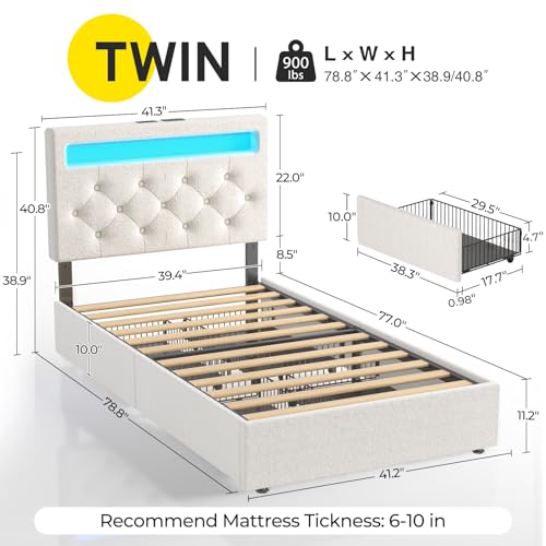 Rolanstar Twin Bed Frame with 4 Storage Drawers and Charging Station,Twin Bed with Led Lights, 2 USB & 1 Type C, Adjustable Headboard 38.9/40.8 Inches, No Box Spring Needed, White Rolanstar