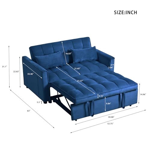 Thctvous 3 in 1 Pull Out Couch Bed, Convertible Futon Sofa Bed, Velvet Sleeper Loveseat for Small Living Room, Adjustable Backrest, Comfy Pillows, Side Pocket (Blue) Thctvous