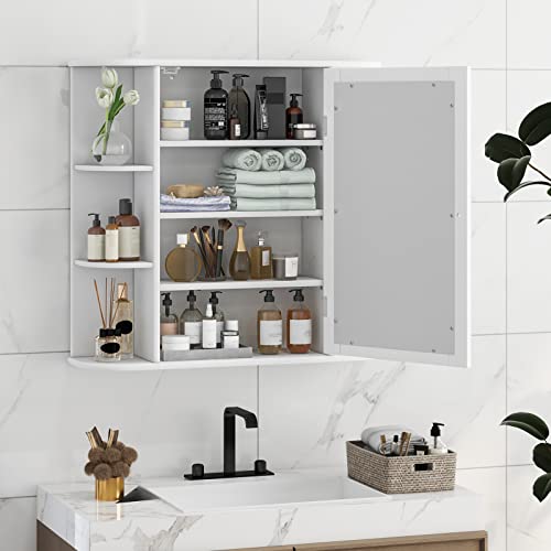 Tangkula Bathroom Medicine Cabinet with Mirror, Wall Mounted Bathroom Storage Cabinet w/Mirror Door & 6 Open Shelves, Adjustable Shelves, Mirrored Bathroom Wall Cabinet (White) - WoodArtSupply