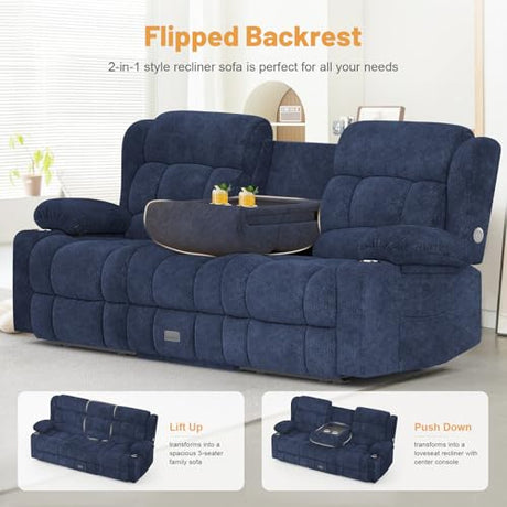 Dresegmt Loveseat Recliner Sofa, Flip Middle Backrest Design 3 Seat Reclining Sofa with Storage Drawer, USB Ports & Cup Holders, Manual Couch for Living Room/RV (Blue) Dresegmt