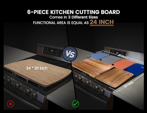 Piklohas Large Wood Cutting Boards, 7 Pieces Over Sink Chopping Board with Holder, Plastic Cutting Board Mats, Juice Groove, Handle Hole, Reversible Piklohas