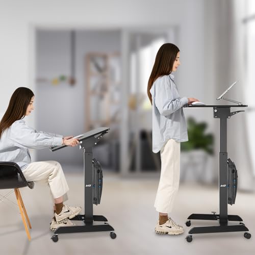 AVLT 47" Height Adjustable Mobile Workstation with Tilting Desk (3 ft 11 inches) - Foot Pedal Pneumatic Standing Desk Cart - Mobile Laptop Cart - Mobile Black Cart with Brake Casters AVLT