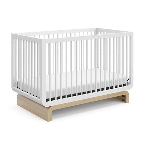 Storkcraft Santorini Deluxe 5-in-1 Convertible Crib with Bonus Toddler Guardrail (White with Driftwood) – GREENGUARD Gold Certified, Toddler Guardrail Included in Box, Fits Standard Crib Matt - WoodArtSupply