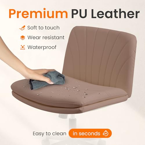 NEO Chair Criss Cross Chair with Wheels Armless Cross Legged Office Desk Wide Comfy Vanity Makeup Chair Adjustable Swivel Rolling Computer for Home Office PU Leather (Brown) NEO CHAIR