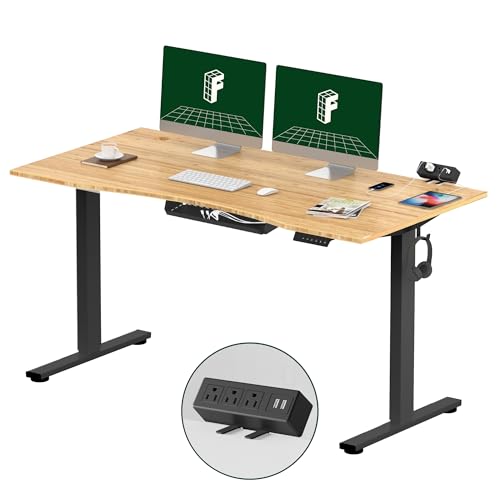 FLEXISPOT EN2 Whole-Piece Bamboo Standing Desk with Clamp Power Strip, 55 x 28 Electric Stand Up Height Adjustable Desk with Cable Management (Black Frame + 55" Bamboo Top, 2 Packages) FLEXISPOT