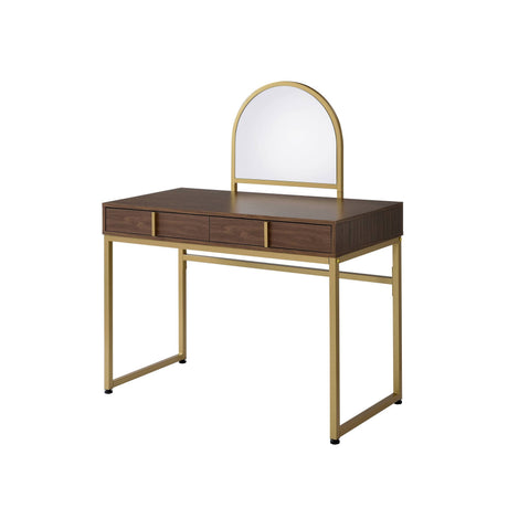 Coleen Walnut & Gold Finish Vanity Desk with Mirror & Jewelry Tray HouseOfZazla
