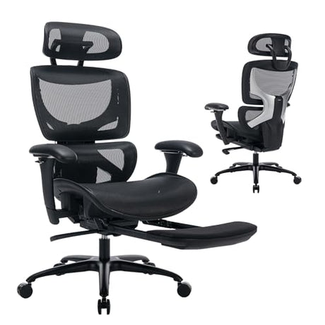 COLAMY Ergonomic Mesh Office Chair with Footrest, Executive High Back Computer Desk Chair with Wide Headrest and Adjustable 3D Arms, Backrest Height, Tilt Lock and Lumbar Support, Black COLAMY