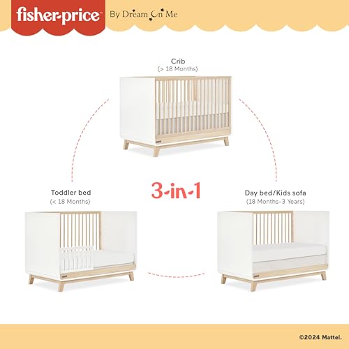 Dream On Me Fisher Price Siesta 3-in-1 Convertible Crib, White Vintage Oak