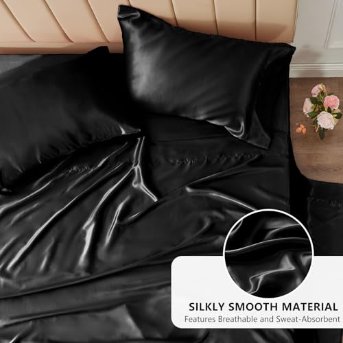 CozyLux Satin Sheets Queen Size Bed Set - 4 Piece Silky Queen Sheet Set, Luxury Black Queen Sheets with Smooth and Soft Microfiber, Includes 1 Fitted Sheet, 1 Flat Sheet and 2 Pillowcases CozyLux