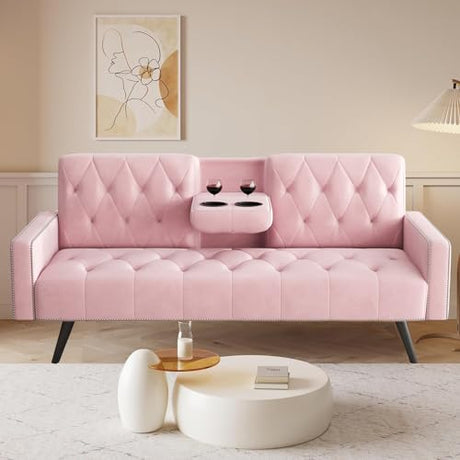 72" Pink Velvet Futon Couch Living Room Couch Bed Convertible Sleeper Sofa Bed with Cup Holder for Bedroom Guest Bed 2 Seater Reclining Sofas Couches with Nailhead Trim for Small Space (Pink) anwickjeff
